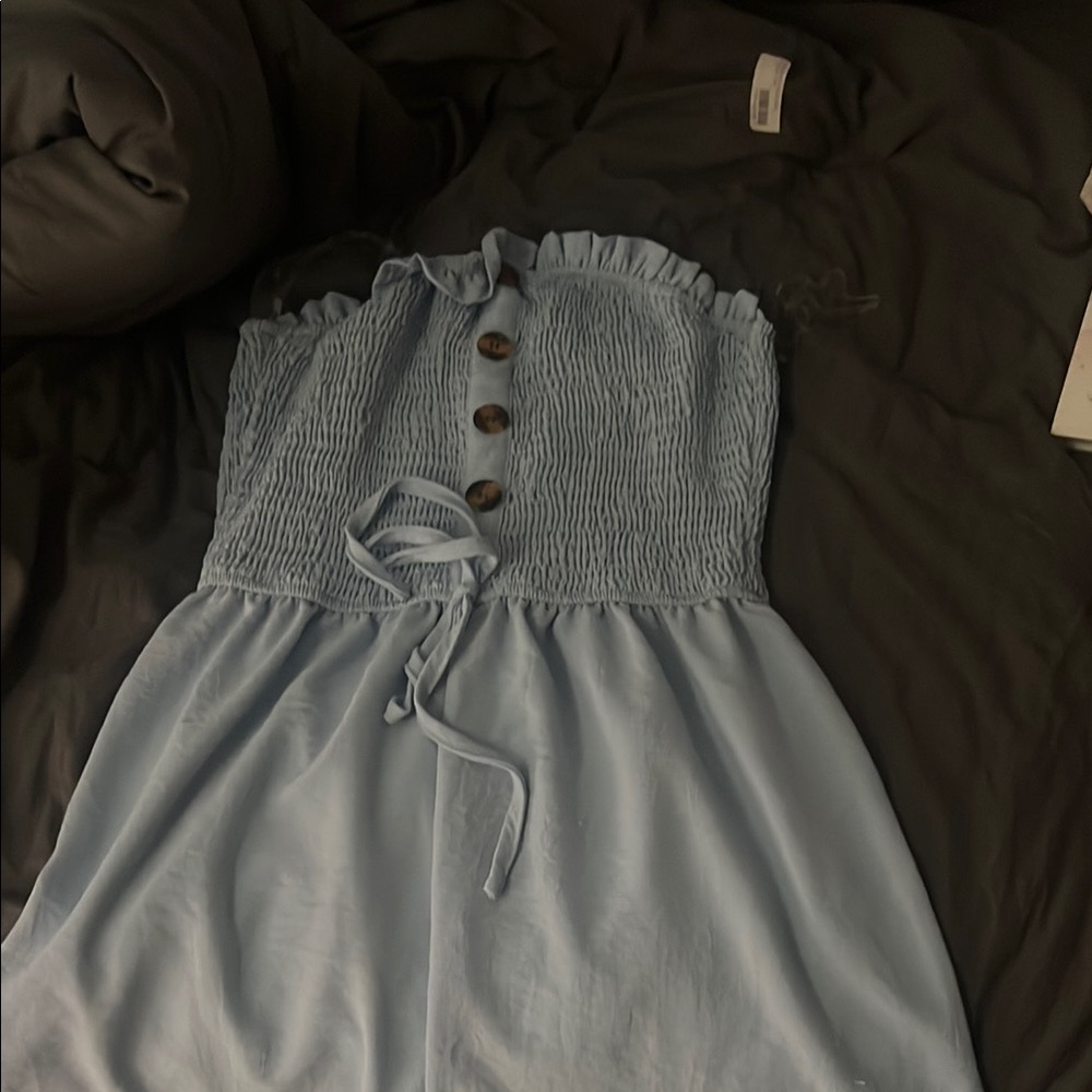 Light Blue Strapless Dress with Button Detail